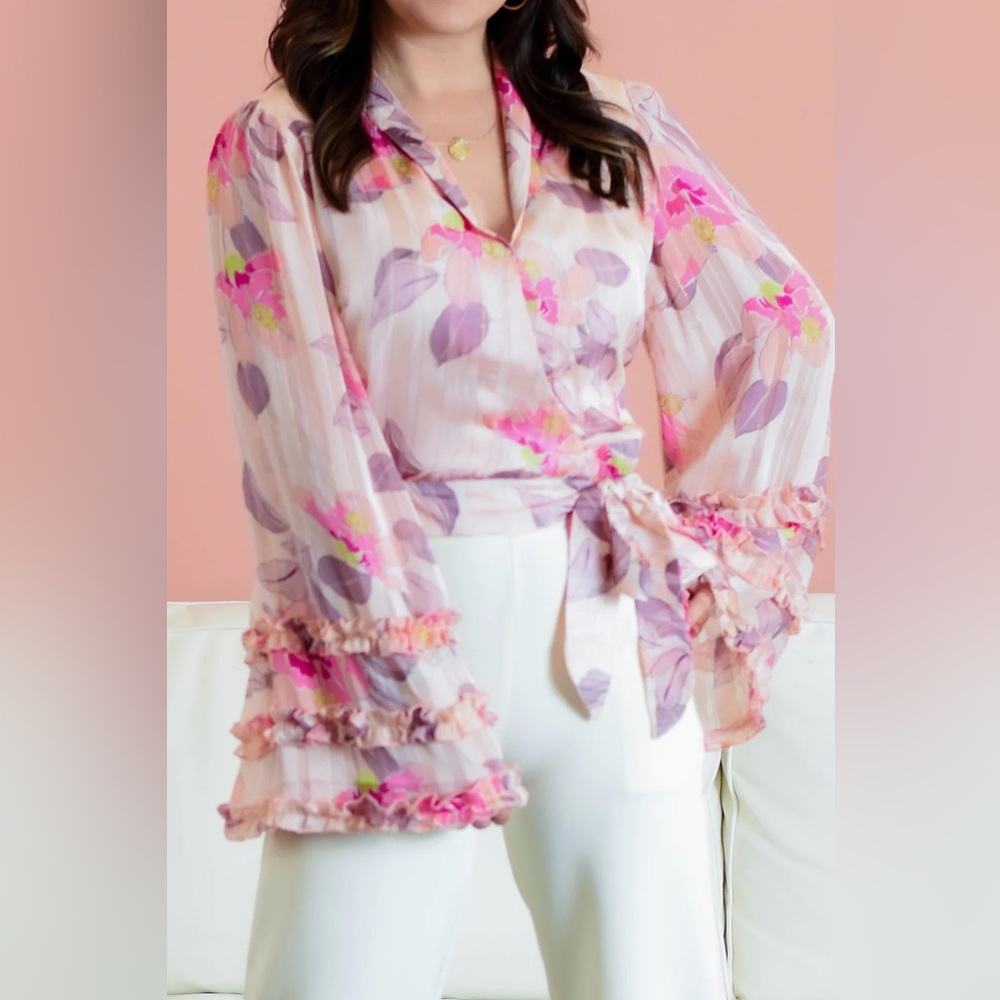 BTFL-LIFE pink floral wrap blouse with bell sleeves. Tie front. Ruffle sleeve. S